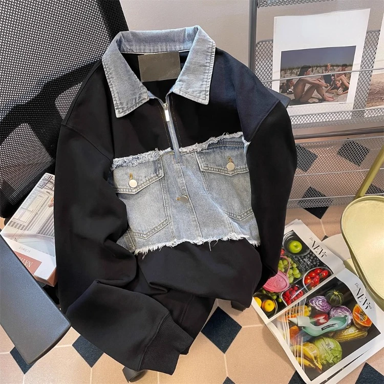 American Retro hip-hop High Street Denim Mikiny 2025 Jeseň Nové nové rukávy Tops Muejr y2k klopa Hold Polover Zip Pullover