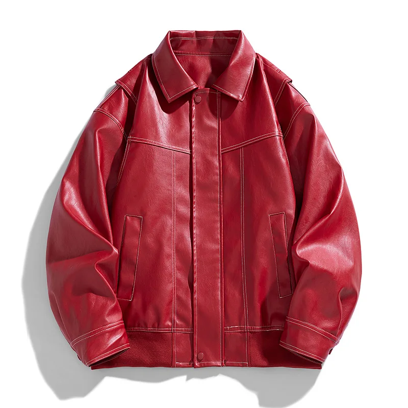 American Retro Pu Leather Red Pánska bunda klopný golier Príležitostné voľné módne kožené bundy pár Street Harajuku Coat