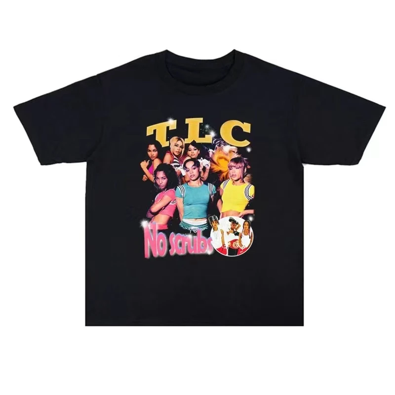 American TLC Band No Scrubs Hip Hop R&B Personalita Street Print Crew Neck Tričko Tričko s krátkym rukávom Loose Cotton