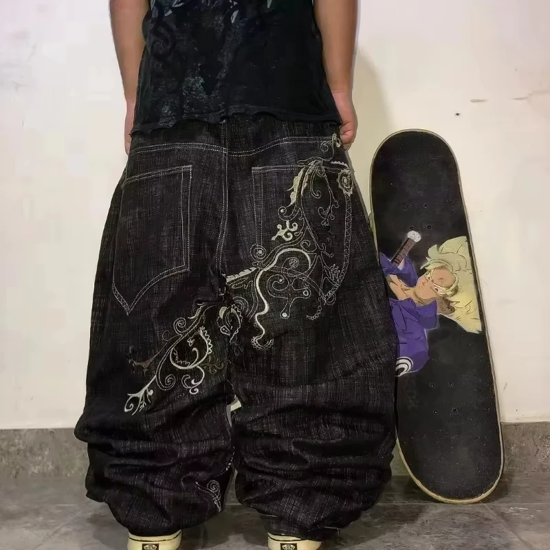 American Y2K Nový vzorový výšivok výšivok Spot špeciálne voľné džínsy Men pouličné hip hop nadmerne nadmerné nohavice so širokými nohami unisex džínsy