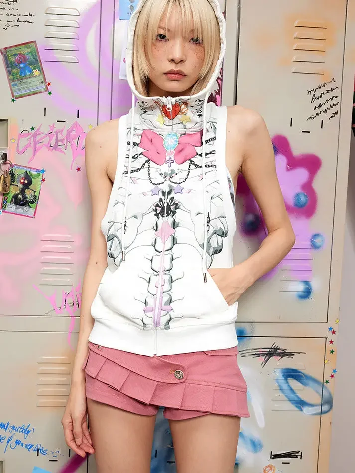Americká graffiti kostra tlačená hip hopové streetwear dám zips UP Up Hoodie Slim Fit Spice Girls Girls bez rukávov s kapucňou y2k top