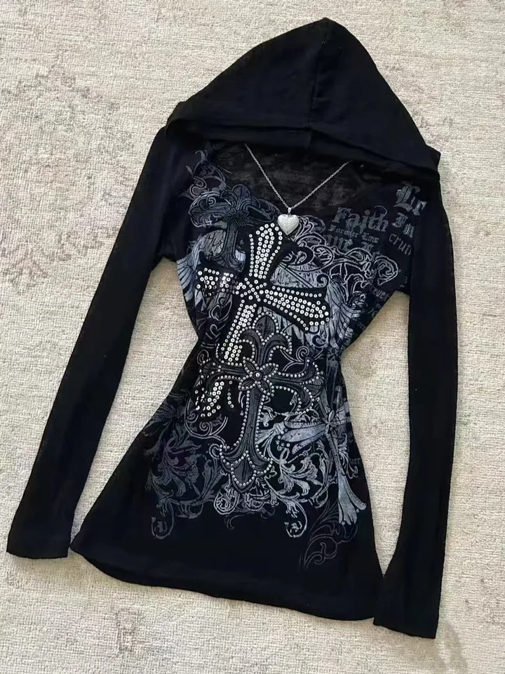 Americká retro gotická mikina s kapucňou s tlačeným dizajnom pásom s dlhým rukávom Dámska ulica y2k punk mattie trendy oblečenie