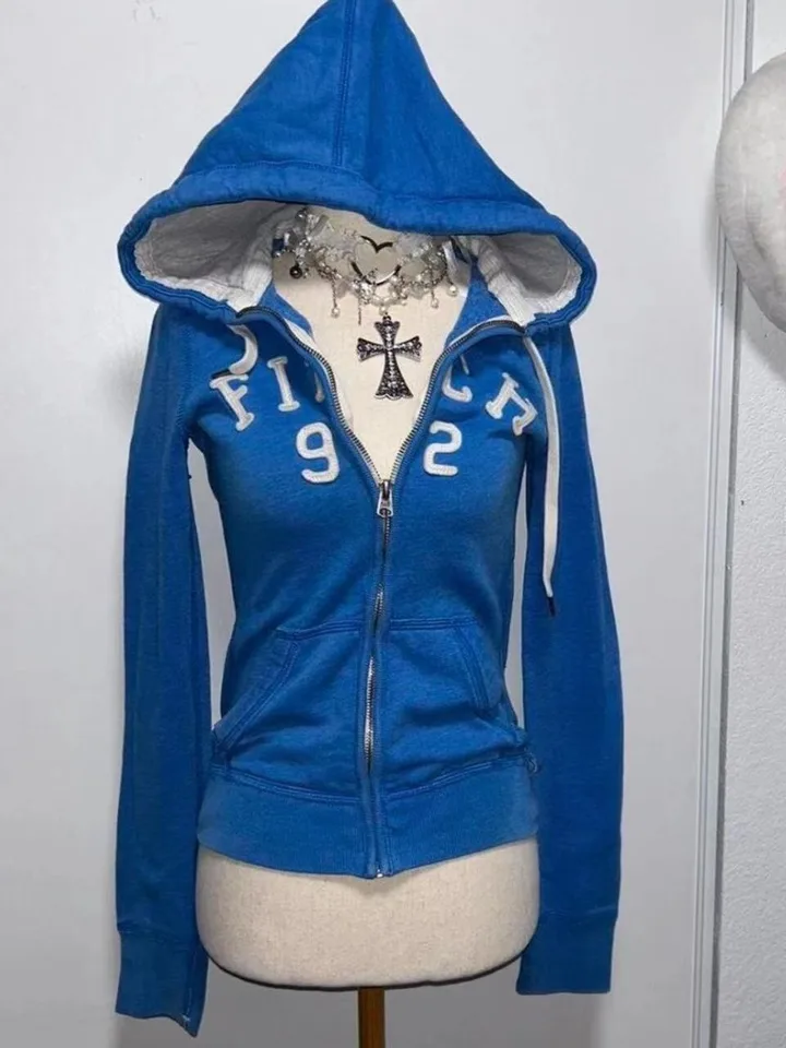 Americká retro modrá mikina s kapucňou pre ženy móda High Street Zips s kapucňou s kapucňou Y2K Zipper mikina zips