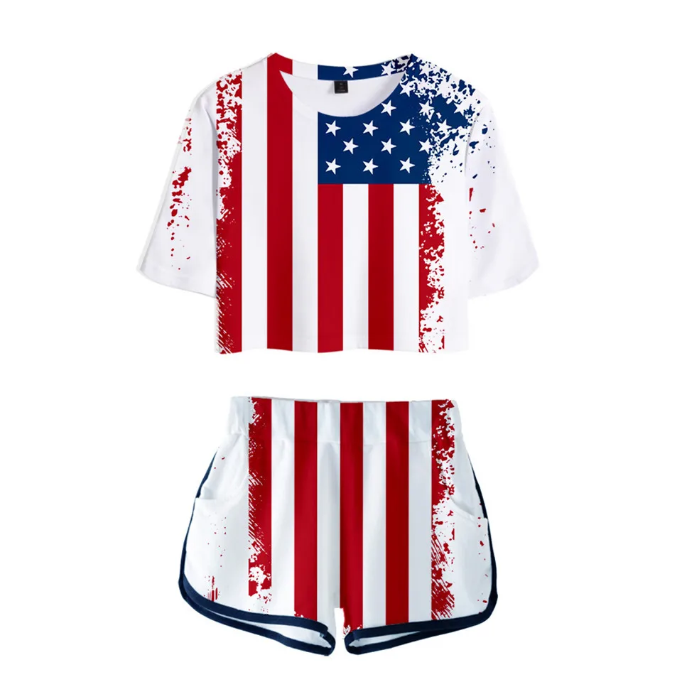 Americká vlajka Tracksuit Female Dvojdielne set letné plodiny s krátkym rukávom+šortky y2k kawaii dámske oblečenie