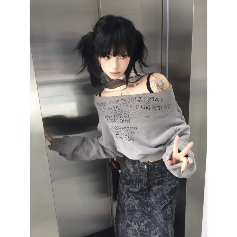 Americké retro listy s jedným líniou ramena Top Grey Harajuku Príležitostné dlhé rukávy T Tieľne Sexy y2k vintage grunge košele