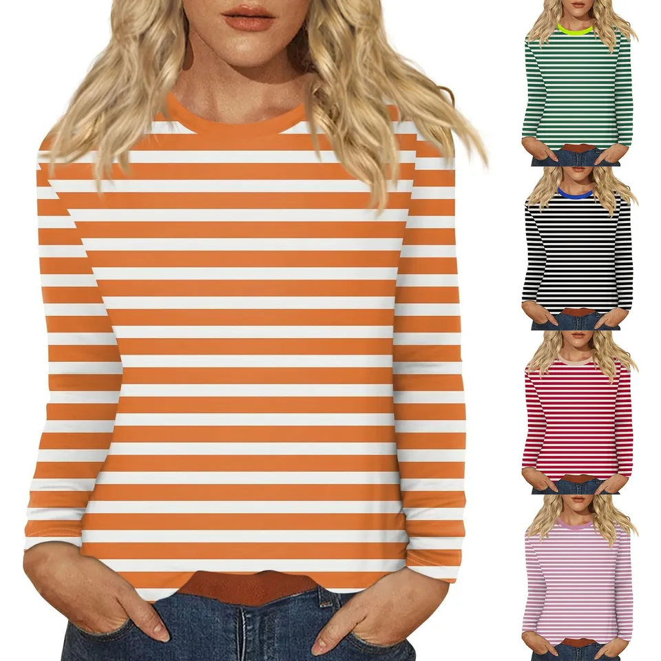 Americké retro pruhované tričko pre ženy pre ženy Streetwear okrúhle krk tričko voľné príležitostné rukávy Dámske dámske tričká plodiny