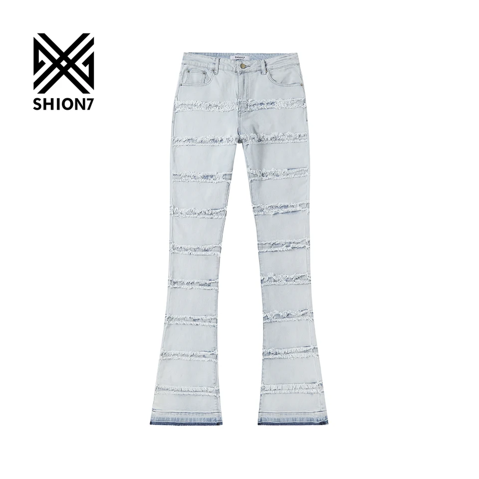 Americké streetwear naskladané Jean retro rozstrapkané svetlo modré džínsové nohavice Skinny Fit Bell Bottom Džínsy pre mužov