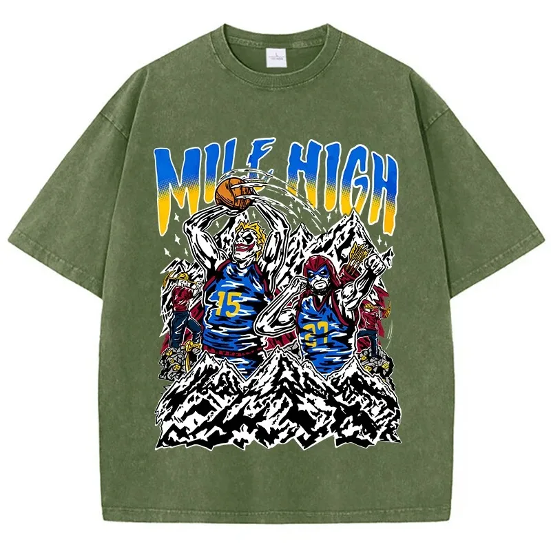 Americké vintage oblečenie pre mužov Mile High Skeleton Basketball Player Tričko Pure Cotton Washed Vintage Style Nadmerné tričká