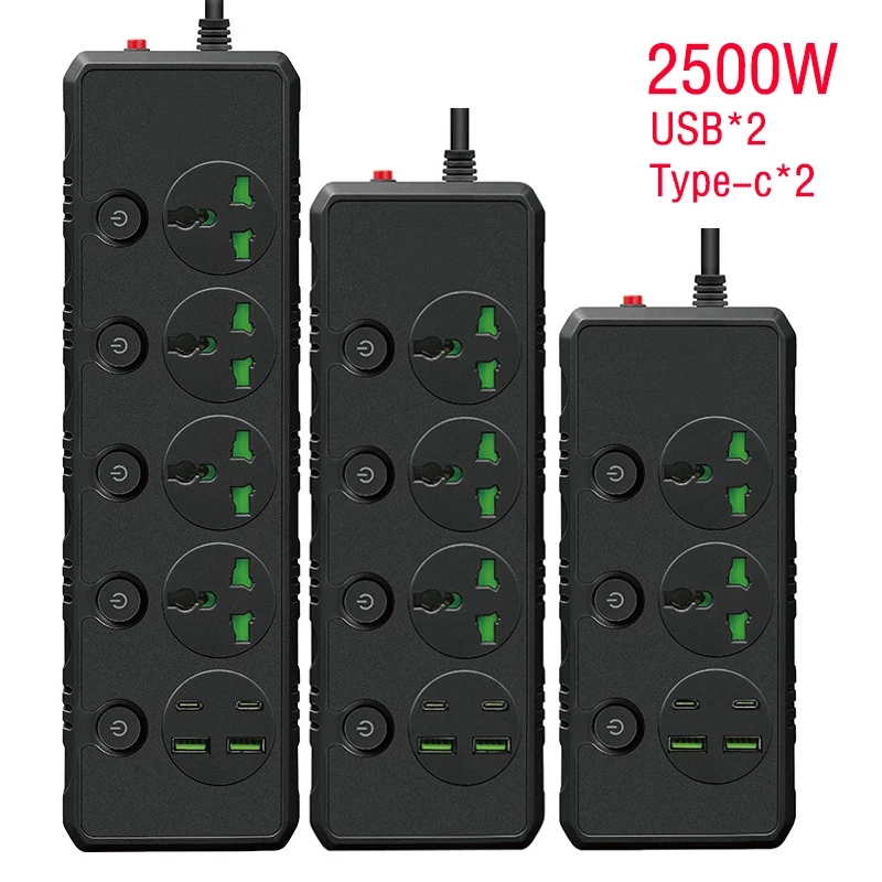 Americký britský zástrčkový elektronický pás s 2 USB 2 port typu-C 2M predlžovací kábel napájací prúžk preťaženia Ochranca Universal Multi Outlet