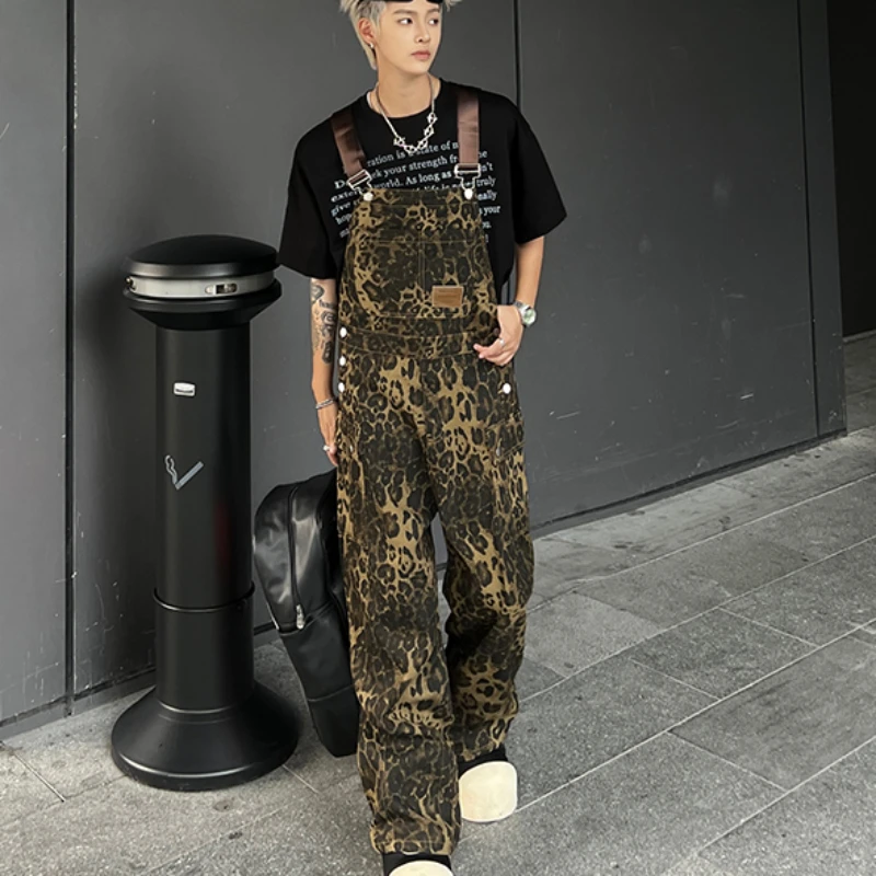 Americký retro leopard tlačený podväzok kombinézy páry High Street Loose Casual Denim Denim Skinesuits muži dole mužské oblečenie