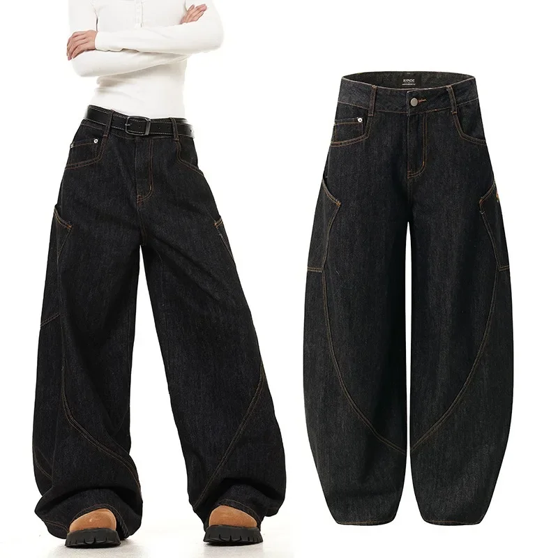 Americký vintage Street Style Citlivosť voľnej šírky džínsovej nohavice banánové nohavice módne džínsy