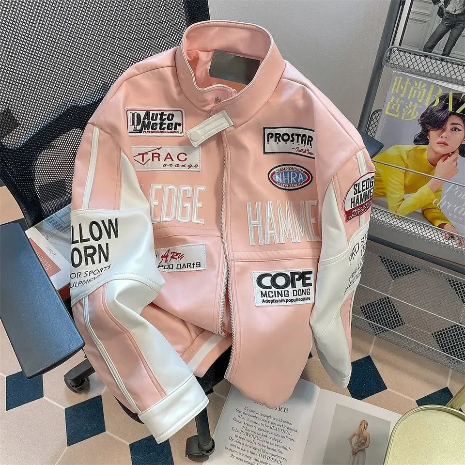 Americký štýl Motocykel Pink pu kožená bunda kabát baseball žien jeseň a zimná vyprážaná ulica na vysokej úrovni oblečenia