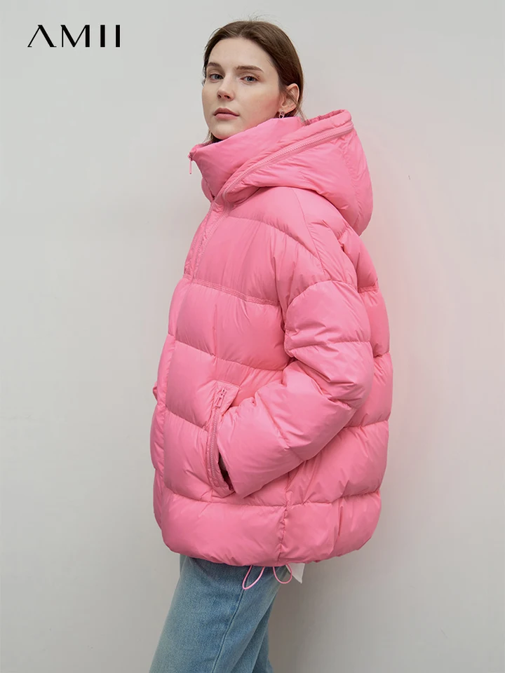 AMII Minimalistické ženy zimné dolu bunda 2024 Nové teplé husté parky s kapucňou uvoľnené ženské dochádzajúce potápanie Puffer Overcoat 12444031