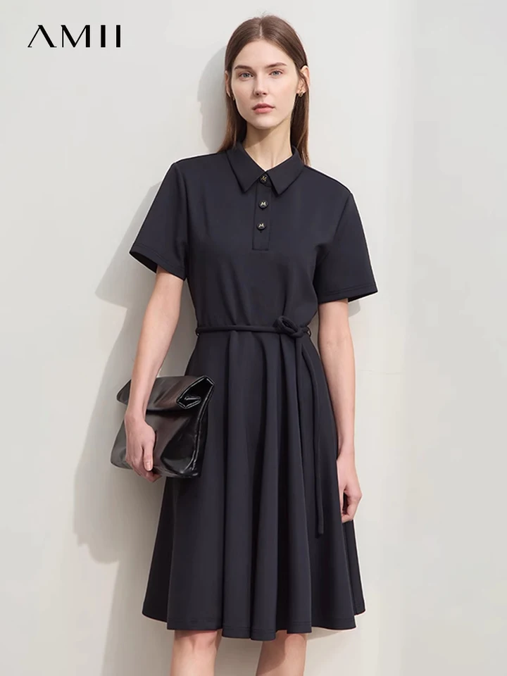 AMII Minimalizmus 2024 Letné nové šaty pre ženy polo golier Half Placket Krátke rukávy s pásmi Slim A-Line Dress 12442093