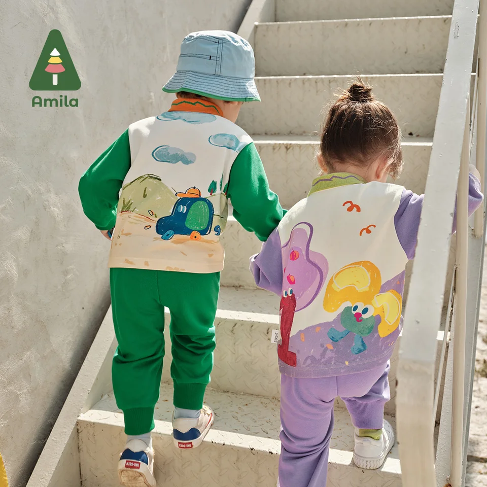 Amila Baby Suit 2024 Spring Nový zostrihajúci kontrastné polo golier elastické priedušné príležitostné chlapcovia a dievčatá outfit