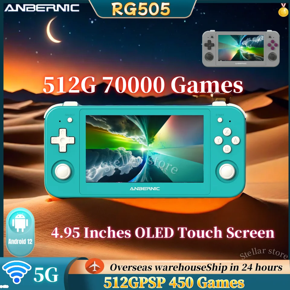 ANBERNIC RG505 vrecková herná konzola 4,95 palca OLED Touch Screen Android 12 Prenosná video konzola PSP 512G 70000 Games Gift