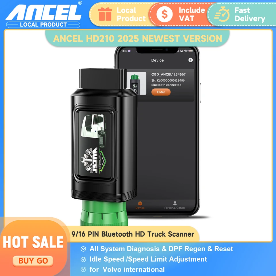 Ancel HD210 OBD2 Bluetooth High Duty Truck Scanner Limit Limit Idle Reset pre Volvo Nternational Všetky systémové diagnostické nástroje