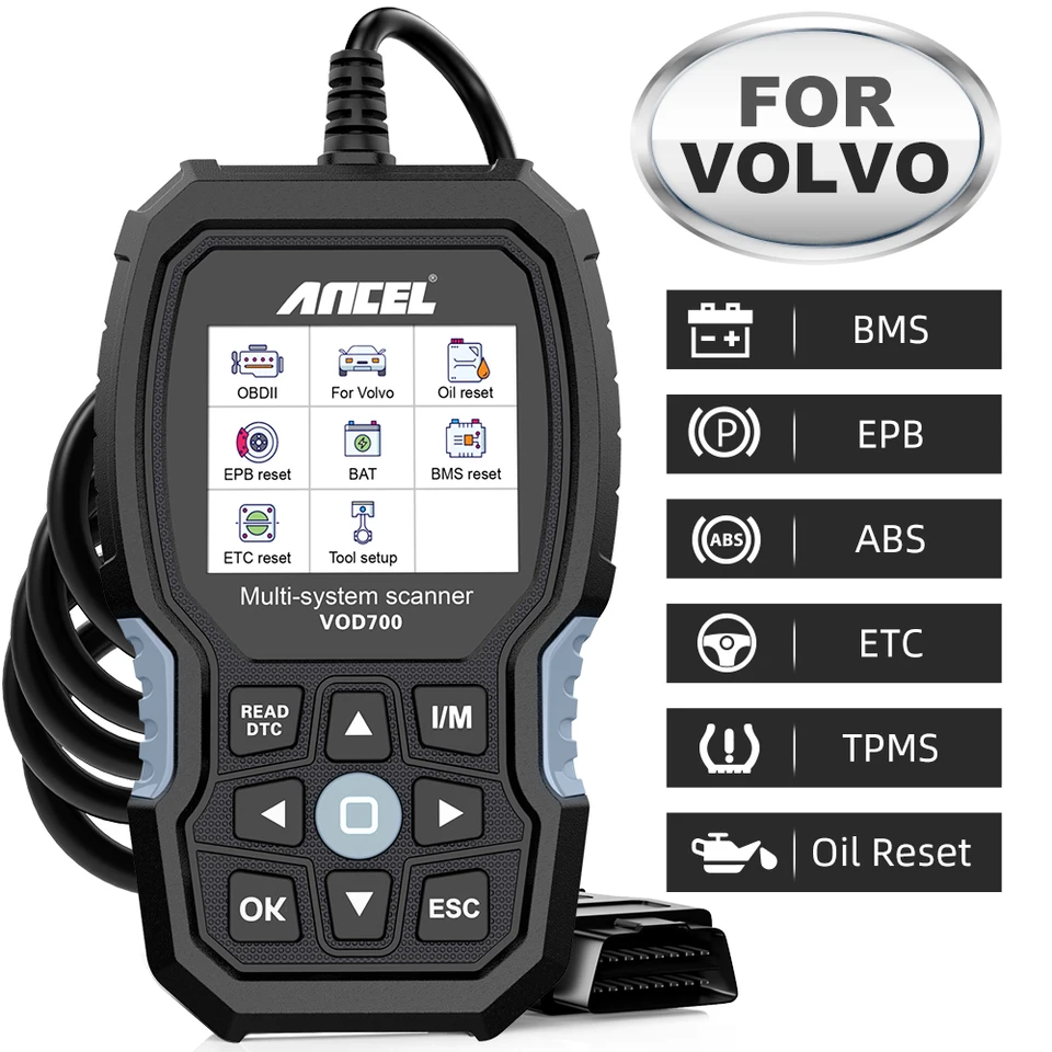 Ancel VOD700 OBD2 Skener pre Volvo CAR Code Reader Diagnostický skenovací nástroj ABS Bleeding Injector Oil ETC BMS EPB TPMS DPF RESET