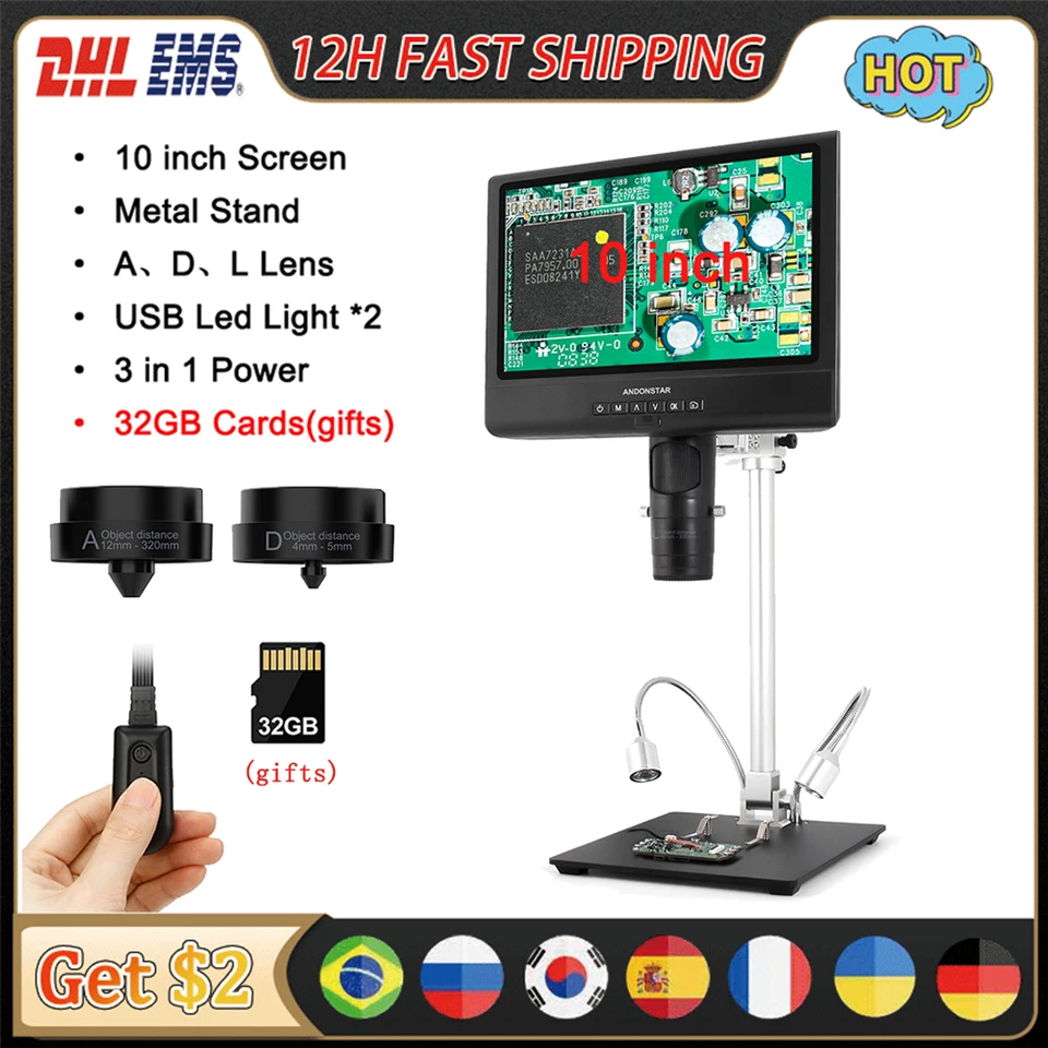 Andonstar AD246M/AD249M Digitálny mikroskop s 3 LCD displejom 7/10 palca pre elektronické video mikroskopy 1080p 1080p