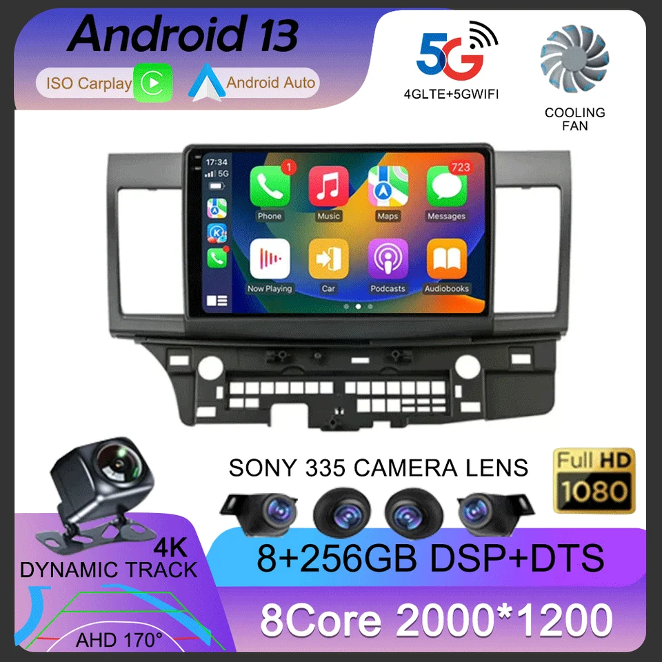 Android 13 Car Auto pre Mitsubishi Lancer 10 Cy 2007 - 2017 Multimedia Video Player 2 DIN WiFi+4G Navigation GPS Stereo CarPlay