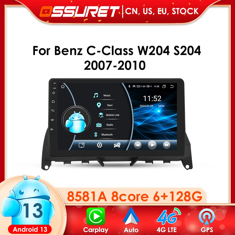 Android 13 Car Radio GPS pre Mercedes Benz C Class W204 S204 2007 - 2010 Navigation Auto Multimedia Player CarPlay 2Din WiFi BT
