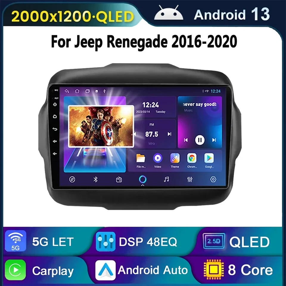 Android 13 Car Radio Multimedia pre Jeep Renegade 2016 - 2020 Stereo Navigation Video Player GPS 4G CarPlay Autoradio WiFi 2 DIN
