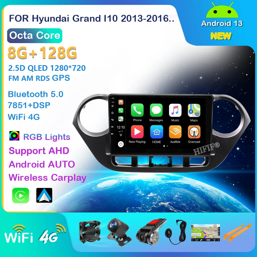 Android 13 Car Radio pre Hyundai i10 2013-2017 Autoradio Blu-ray 1280*720 IPS/QLED Multimedia Video Player Navi GPS č. 2DIN