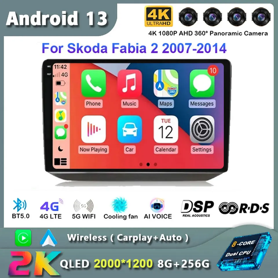 Android 13 Cardio Radio pre SkoDa Fabia 2 2007-2014 Multimediálne navigačné GPS 4G WiFi CarPlay Android Auto Player 2 DIN