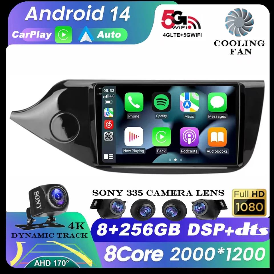 Android 14 4G DSP Car Radio Multimidia Video Player pre Kia Ceed Ceed JD 2012-2018 Navigation GPS 2 DIN RDS CarPlay 360 Fotoaparát