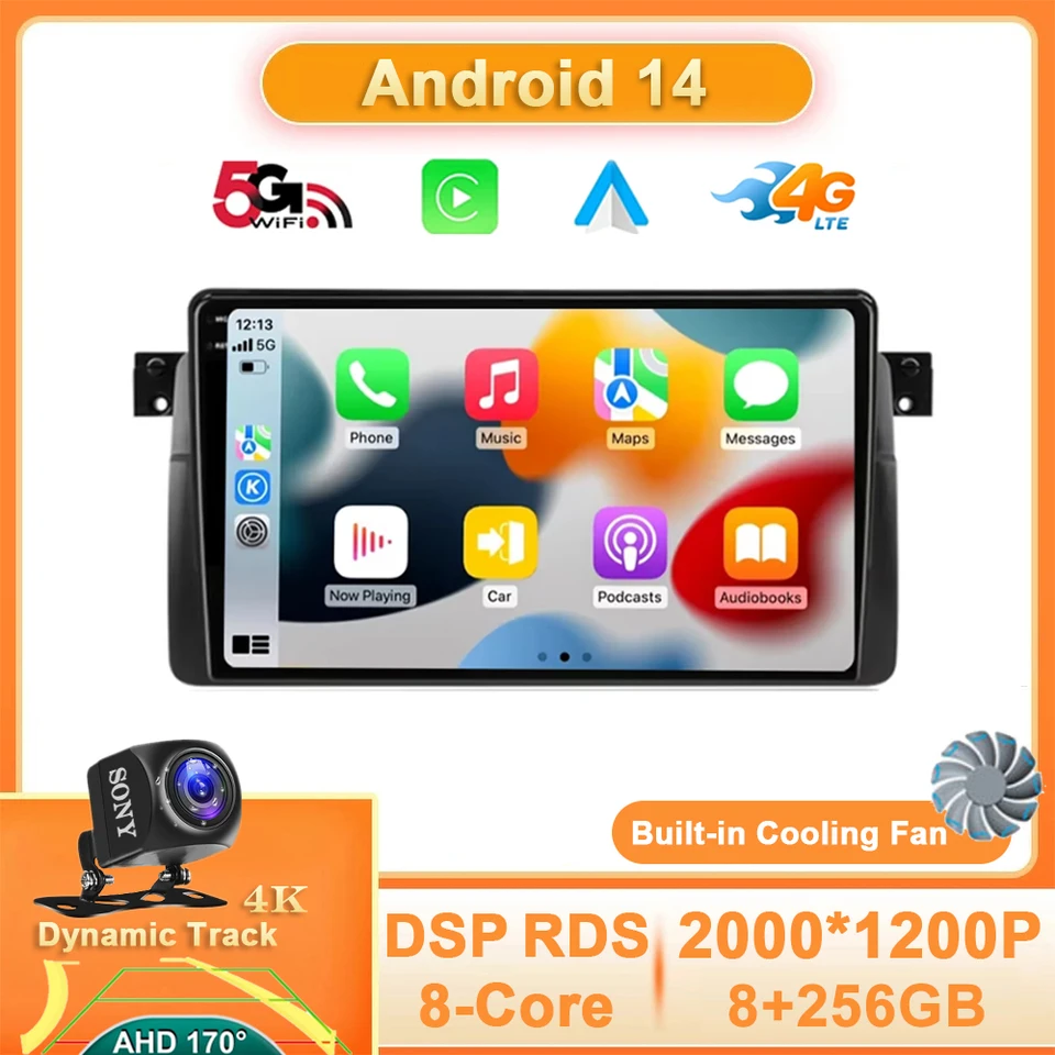 Android 14 Auto Car Radio pre BMW E46 M3 318/320/325/330/335 CARPLAY 4G WIFI Multimedia GPS navigačné stereofónne video 360