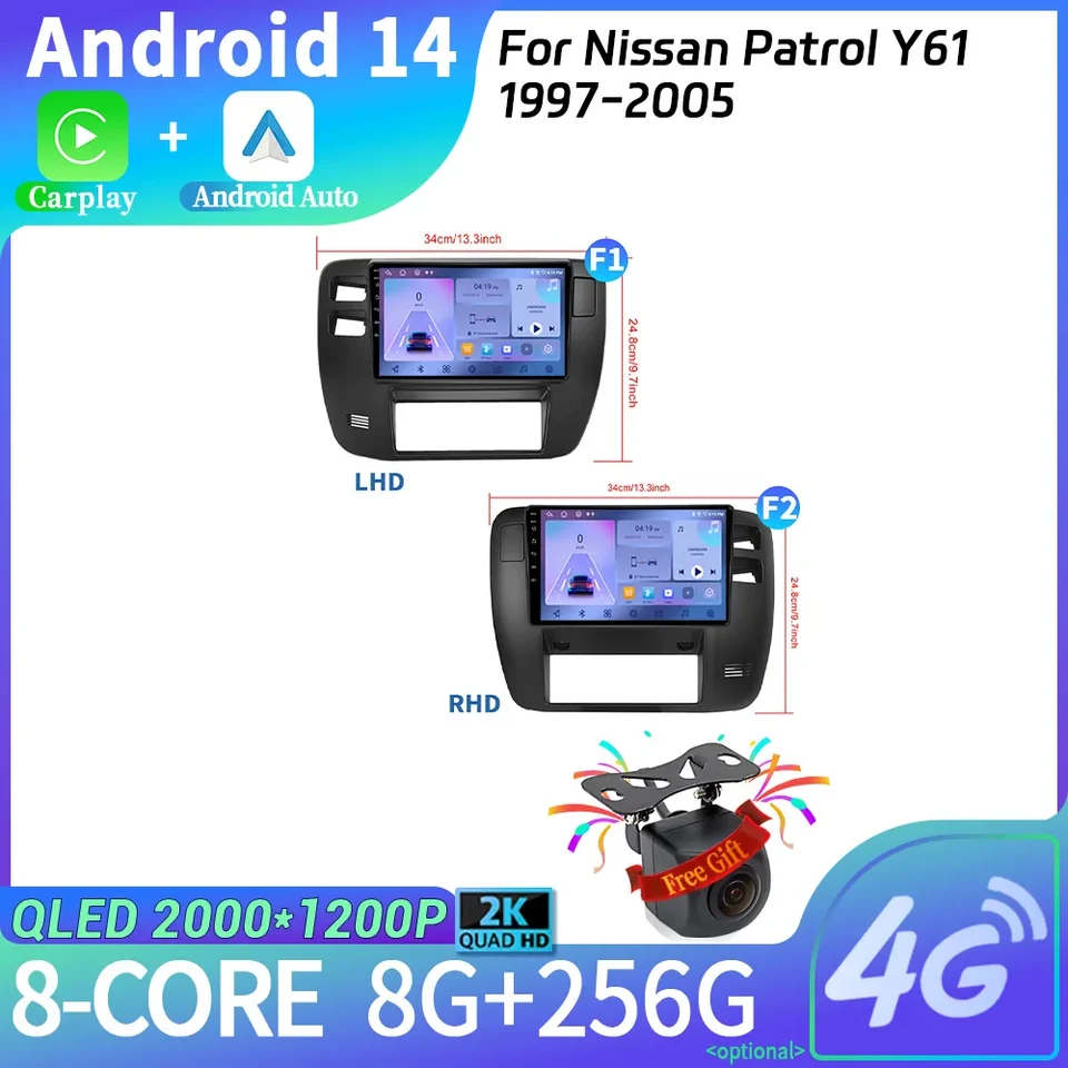 Android 14 Car Radio Multimedia Navigation pre Nissan Patrol Y61 1997-2005 obrazovka hlavy jednotky WiFi Wireless Carplay Stereo