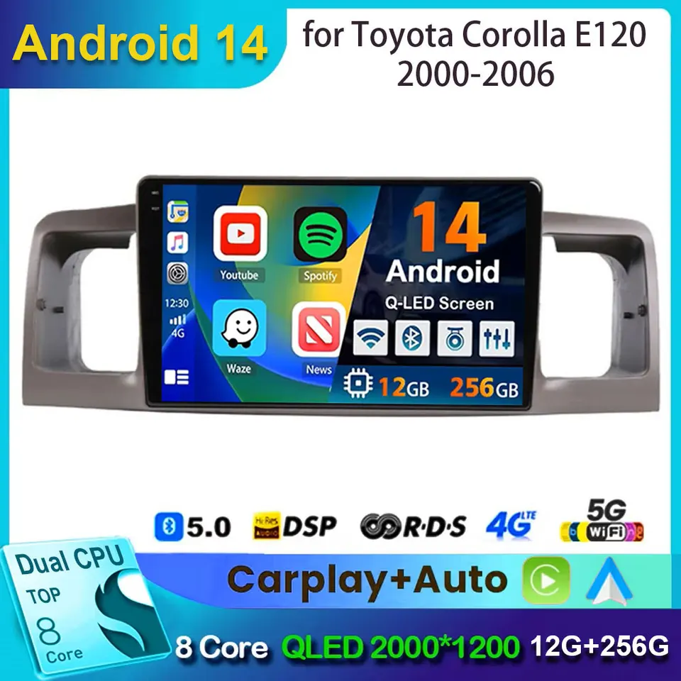 Android 14 Car Radio Multimedia Player pre Toyota Corolla E120 2001 2002 2003 2004 2004