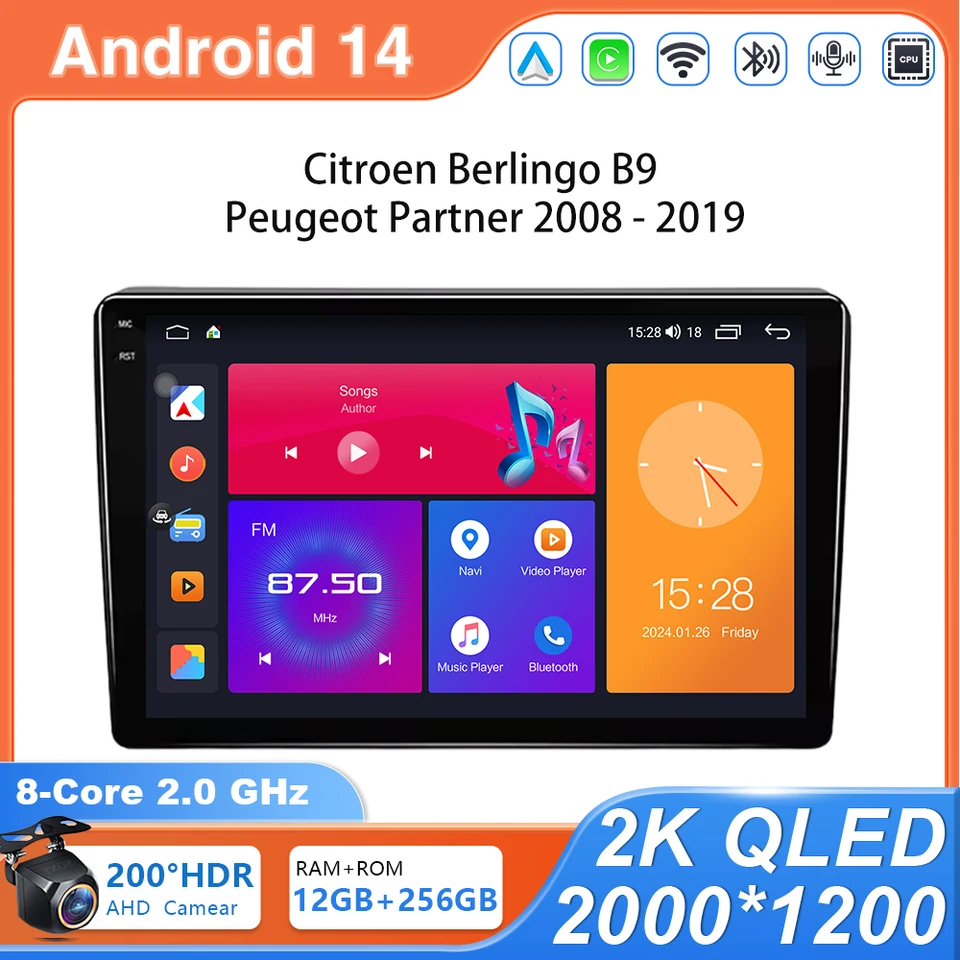 Android 14 Car Radio pre Citroen Berlingo B9 Peugeot Partner 2008 - 2019 Player Navigation CarPlay 2 DVD DVD GPS 4G WiFi č. 2DIN