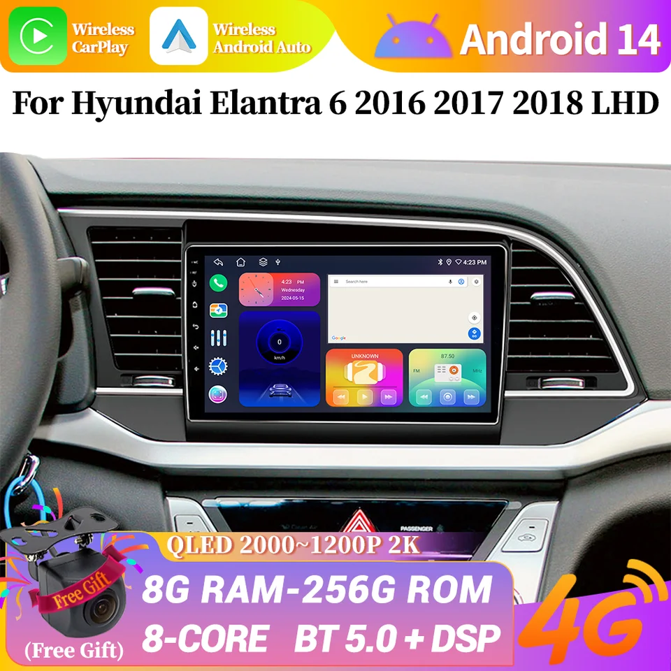 Android 14 Car Radio pre Hyundai Elantra 6 2016 2017 2018 ľavá jednotka 4G Wireless CarPlay Bluetooth navigačná dotyková obrazovka