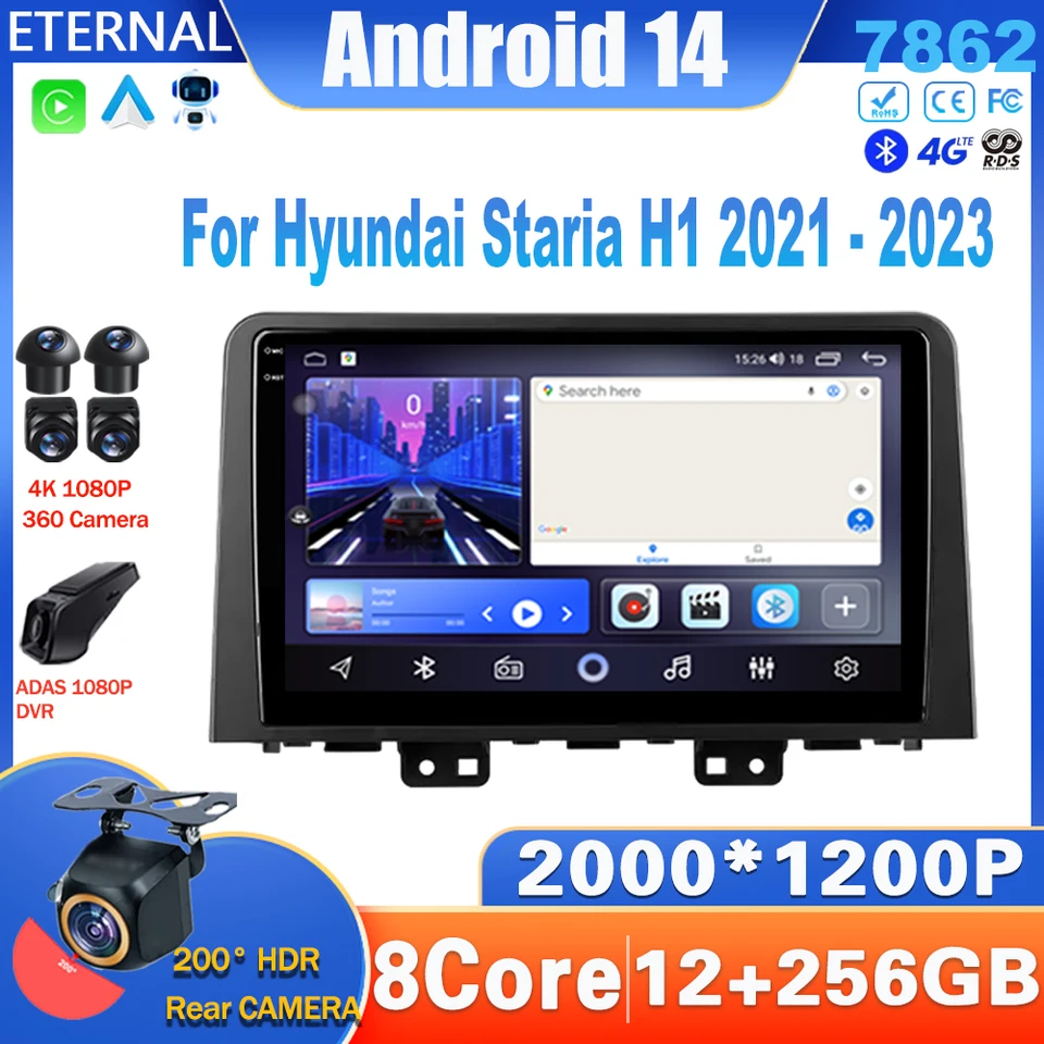 Android 14 Car Radio pre Hyundai Staria H1 2021 Multimedia video prehrávač navigácia CarPlay Head Unit 4G No 2Din DVD WiFi Stereo