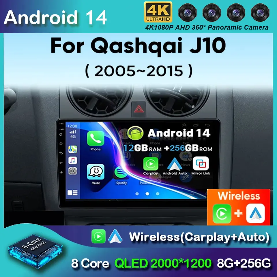 Android 14 Car Radio pre Nissan Qashqai J10 2005 2006 2008 2010 2012 2014 2015 Wireless Android Auto CarPlay Multimedia Player