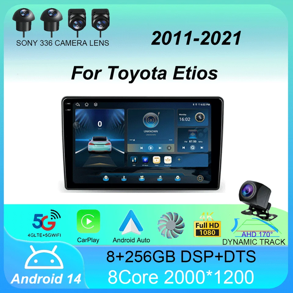 Android 14 Car Radio pre Toyota Etios 2011 2012 2013 - 2021 CarPlay Auto GPS Multimedia 2 Din Player WiFi+4G BT DVD Video Stereo
