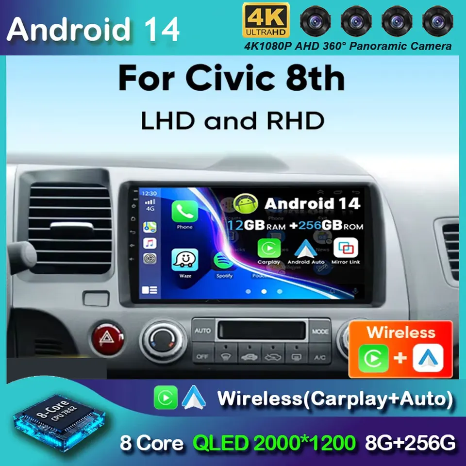 Android 14 Car Stereo Radio pre Honda Civic 8. 8gen 2005 2006 2007 2008 2009 2010 2011