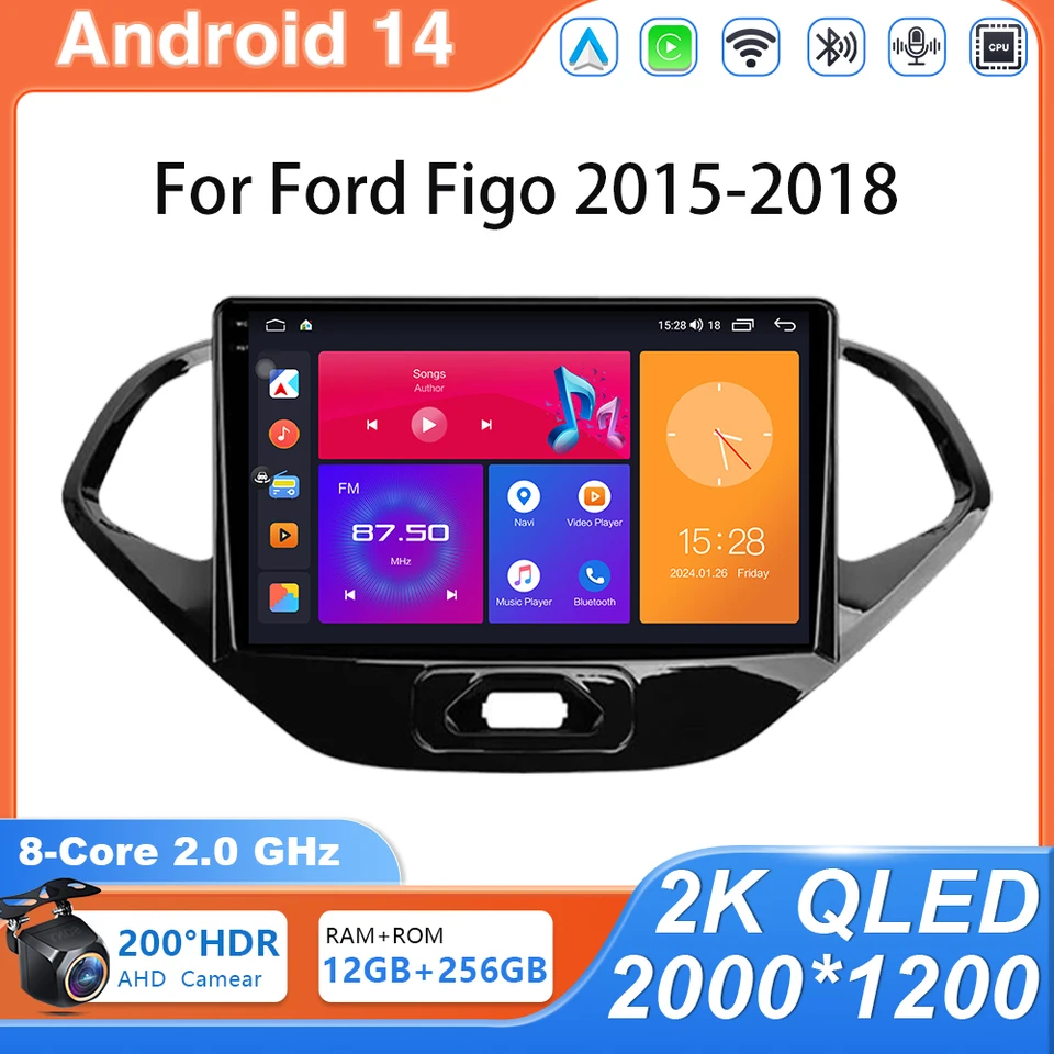 Android 14 Cardio Radio pre Ford Figo 2015 - 2020 Multimedia Player GPS navigácia 4G WiFi Wifi Wireless CarPlay Autoradio No 2Din DVD