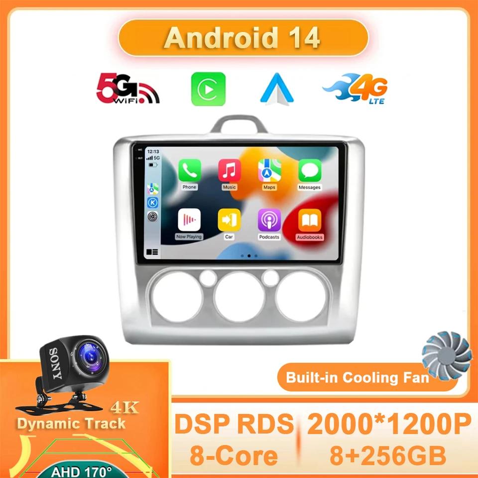 Android 14 Cardio Radio pre Ford Focus Exi Mt na rokoch 2004-2011 Multimediálny prehrávač BT 4G+WiFi GPS navigácia 360 Hlava kamery Jednotka 2 DIN