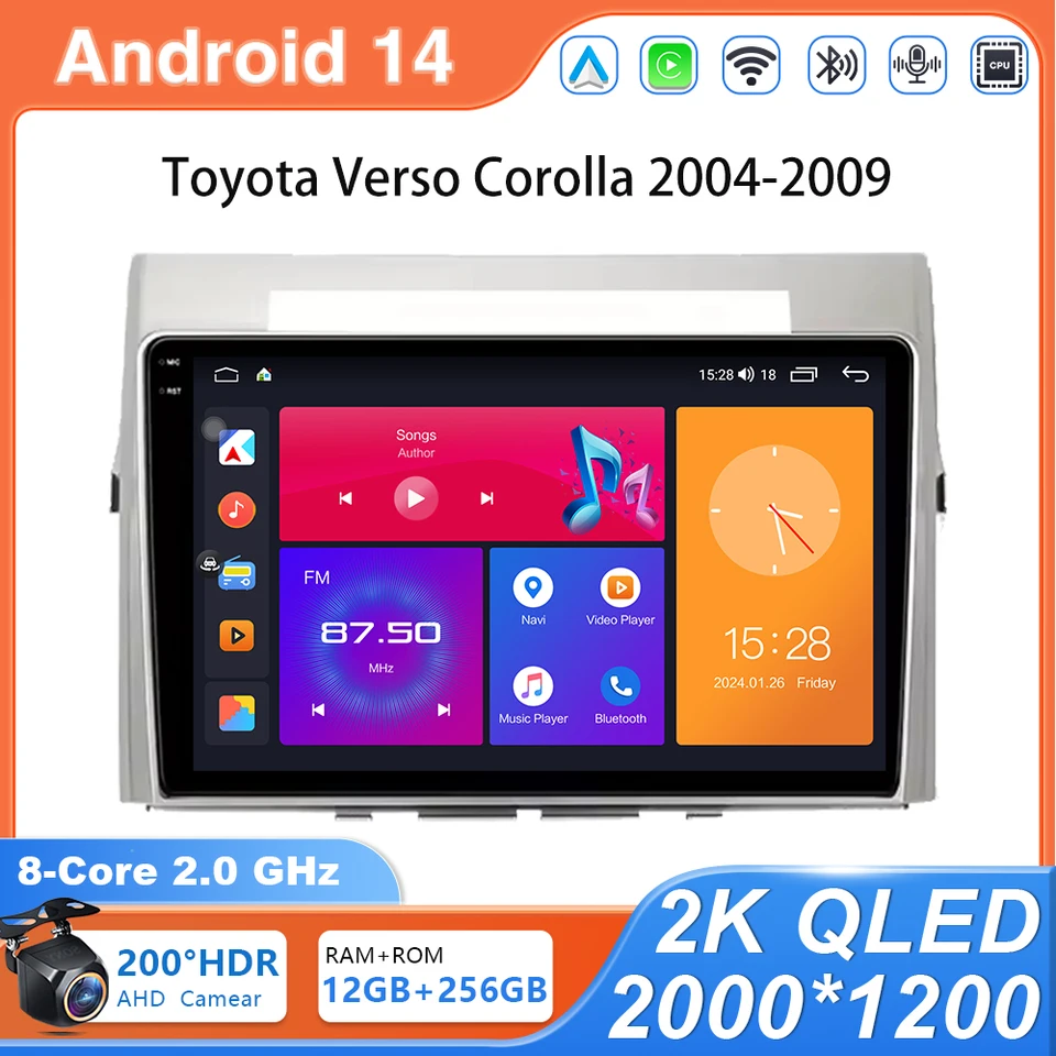 Android 14 Cardio Radio pre Toyota Verso Corolla 2004-2009 2006 Multimedia CarPlay 4G No 2 Din 2Din GPS Auto Stereo Autoradio DVD