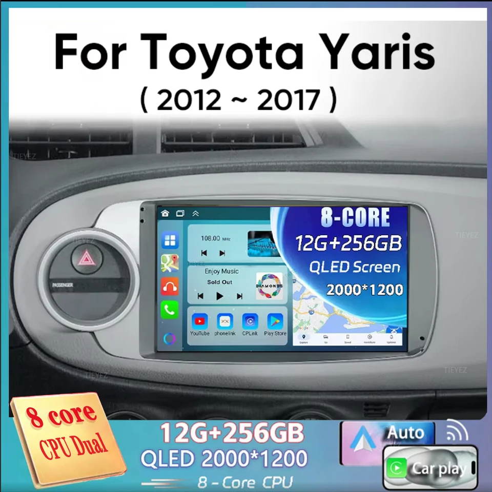 Android 14 Cardio Radio pre Toyota Yaris 2012 - 2017 Autoradio GPS Navigation Multimedia Player Carplay Stereo WiFi 4G 2 DIN DVD HU