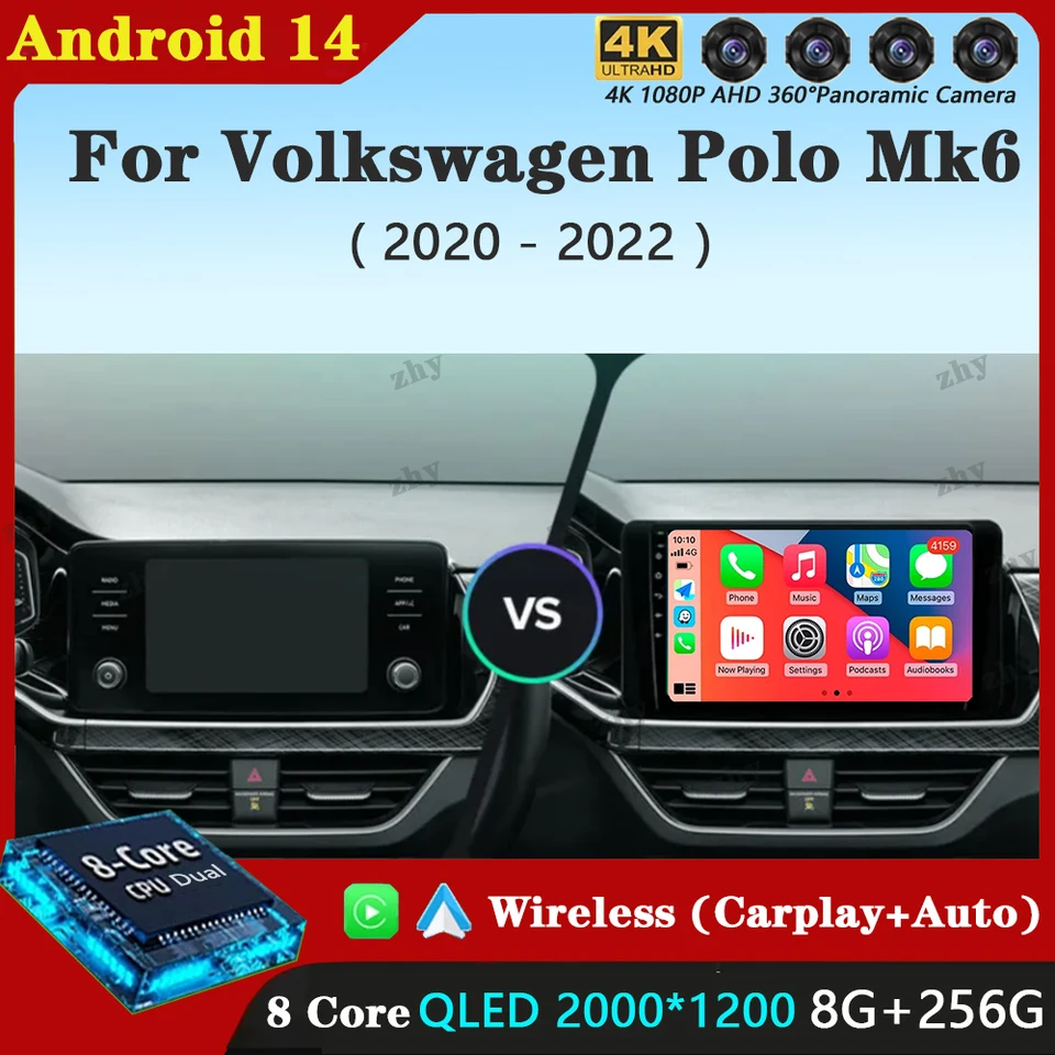 Android 14 Cardio Radio pre Volkswagen Polo Mk6 VI 6 2020 - 2022 QLED Auto Multimedia Player Navigation GPS CARPLAY 4G WiFi BT DSP