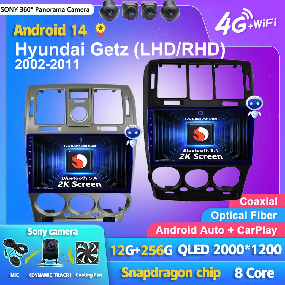 Android 14 CarPlay Auto 2k Screen Car Radio BT Multimedia Player pre Hyundai Getz 2002 -2011 Autoradio GPS Stereo 2Din Head Unit