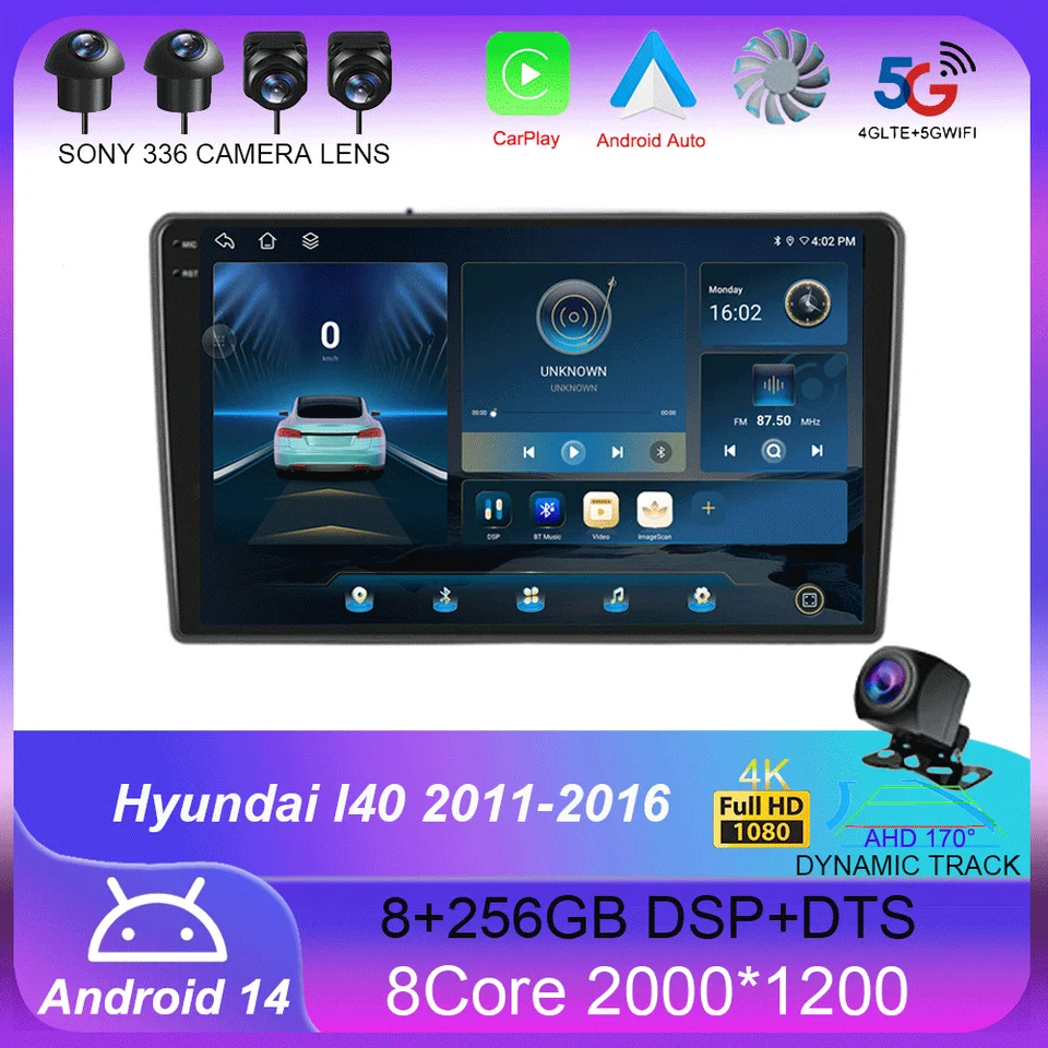 Android 14 CarPlay Auto 4G+WiFi pre Hyundai I40 2011-2016 GPS navigácia 2 DIN Multimedia Player Stereo Head Unit BT 2Din No DVD