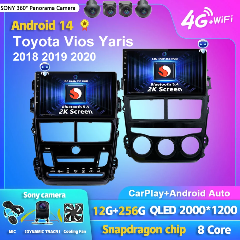 Android 14 CarPlay Auto Car Radio Multimedia Player pre Toyota Vios Yaris 2018 2019 2020 DSP Autoradio GPS Stereo 2Din Head Unit
