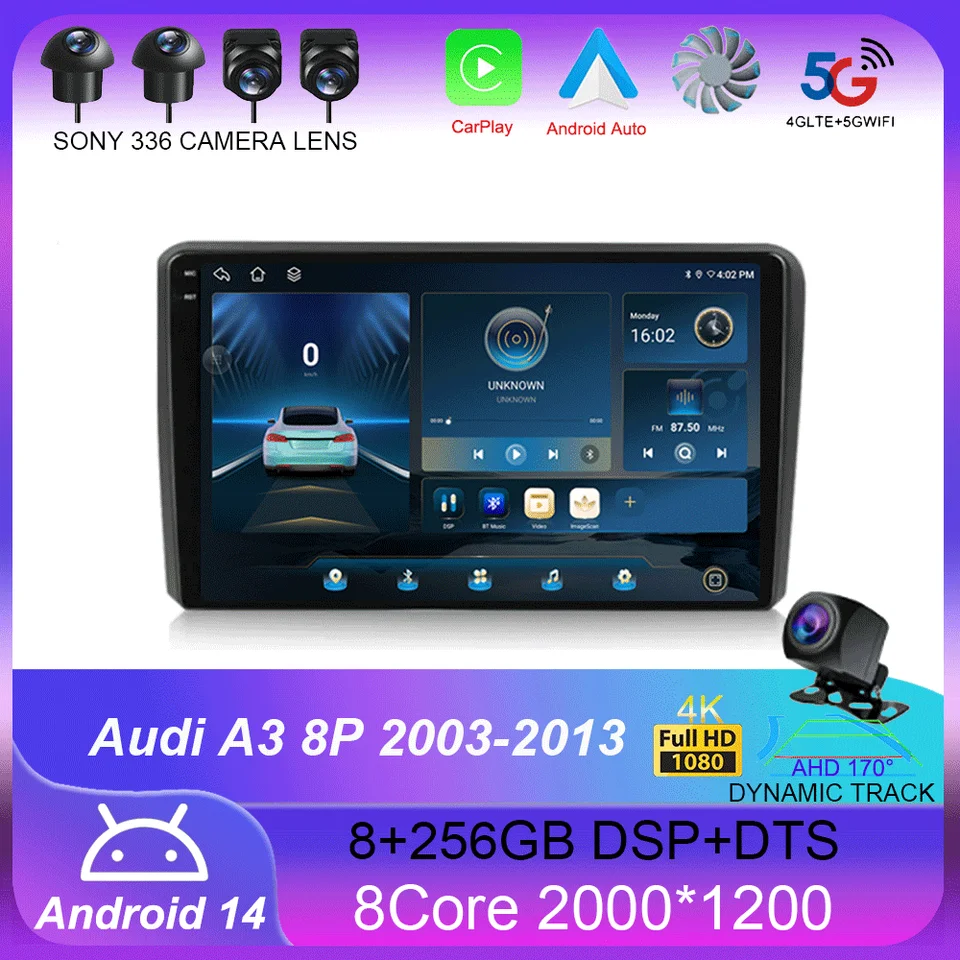 Android 14 CarPlay Auto Car Radio pre Audi A3 8p 2003-2013 2DIN Multimedia Player GPS navigačný audio stereofónny DSP 360 Camera 4G 4G