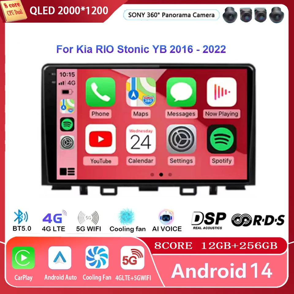 Android 14 CarPlay Auto Car Radio pre Kia Rio Stonic YB 2016 2017 2018 2019 2020 2021 2022 GPS Multimedia Video Player Stereo BT