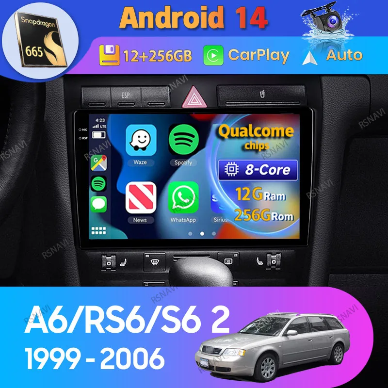 Android 14 CarPlay Auto pre Audi A6 C5 1997 - 2004 S6 2 1999 - 2004 RS6 2002 - 2006 Car GPS Player Multimedia Video Stereo