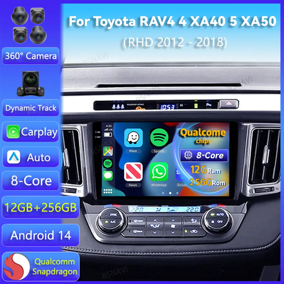 Android 14 CarPlay Auto pre Toyota RAV4 4 XA40 5 XA50 2012 - 2018 Pravá ruka Vodič automobil Rádio navigačný prehrávač Video DSP Stereo